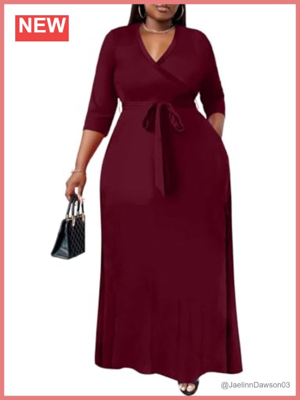Plus Size Maxi Wrap Dress 3/4 Sleeve V-Neck Belted Flowy Casual Long